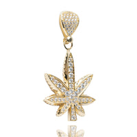 The Cannabis Pendant with CZ Stones - 14k Gold features a leaf design encrusted with sparkling stones, showcased against a white background—a bold statement piece of cannabis jewelry.