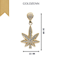 The GOLDZENN Cannabis Pendant with CZ Stones is a 14k gold piece shaped like a cannabis leaf, measuring 30mm tall by 23mm wide.