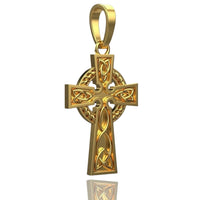 The 14k Gold Celtic Cross Pendant features detailed knotwork and a circular ring behind the cross, displayed on a white background with a subtle reflection—a beautiful Celtic cross necklace for any occasion.