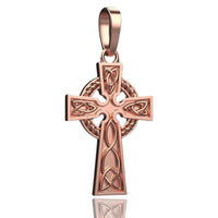 The 14k Gold Celtic Cross Pendant features detailed knotwork and a chain loop, showcased elegantly on a white background.