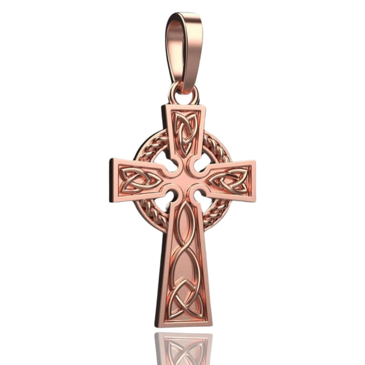 The 14k Gold Celtic Cross Pendant features detailed knotwork and a chain loop, showcased elegantly on a white background.