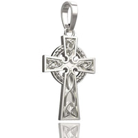 A 14k gold Celtic cross pendant featuring intricate knotwork and a circular motif behind the crossbar, displayed on a white background with a subtle reflection below.