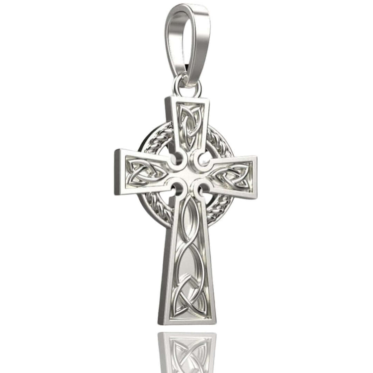 A 14k gold Celtic cross pendant featuring intricate knotwork and a circular motif behind the crossbar, displayed on a white background with a subtle reflection below.