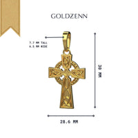 The 14k Gold Celtic Cross Pendant by Goldzenn features intricate designs, measures 30mm x 28.6mm, and has a 7.7mm x 6.5mm inner oval—making it a distinctive Celtic cross necklace for any collection.