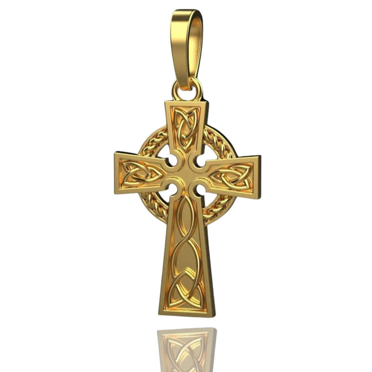 The 14k Gold Celtic Cross Pendant showcases detailed knot patterns with a circular background, elegantly displayed on a white reflective surface.