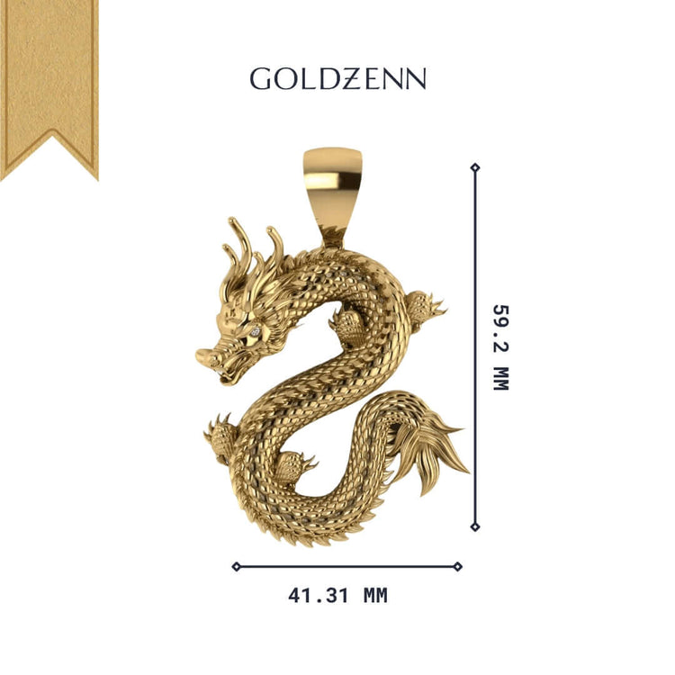 The 14k Gold Chinese Dragon Pendant from Goldzenn measures 59.2 mm tall by 41.31 mm wide, featuring an intricately detailed dragon curled in an elegant S shape—a striking statement piece.