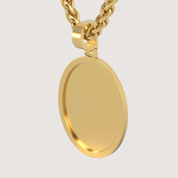 A close-up of the 14K Gold Classic Oval Picture Pendant on a thick chain necklace, set against a plain light background. The pendant features a smooth, blank surface with no engraving or design.
