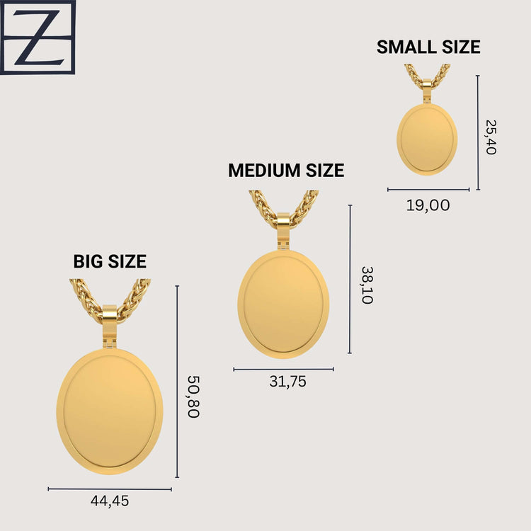 The 14K Gold Classic Oval Picture Pendant comes in three sizes: large (50.80 x 44.45 mm), medium (38.10 x 31.75 mm), and small (25.40 x 19.00 mm), each with a chain—perfect for showcasing your favorite photo in elegant 14K gold.