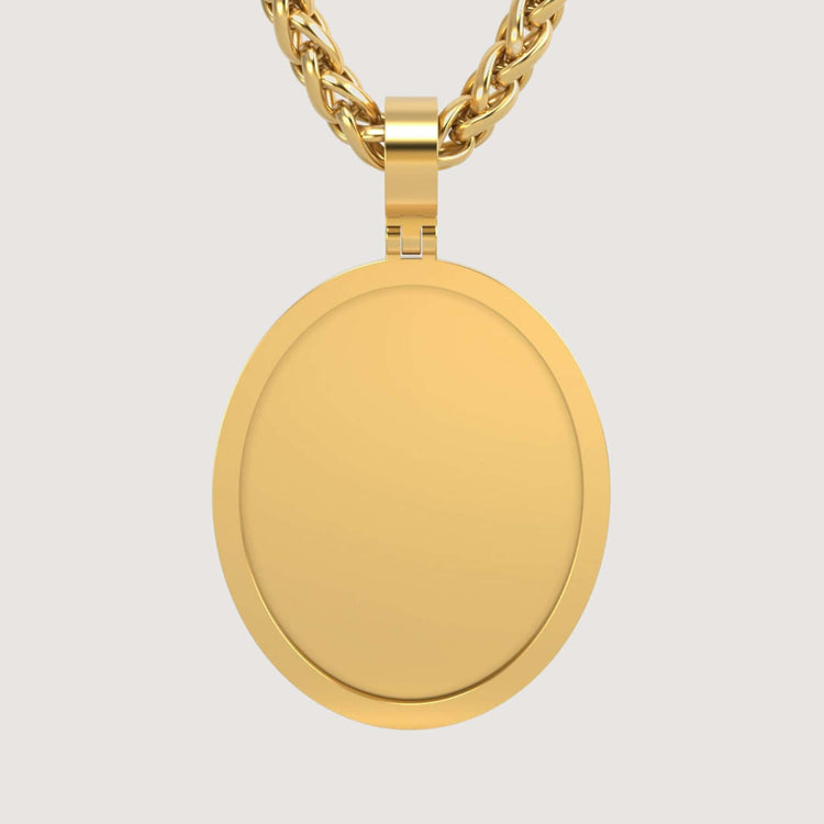 A close-up of the 14K Gold Classic Oval Picture Pendant, featuring a smooth, polished 14K gold surface on a thick chain, shown against a plain light background with no engraving or decoration.