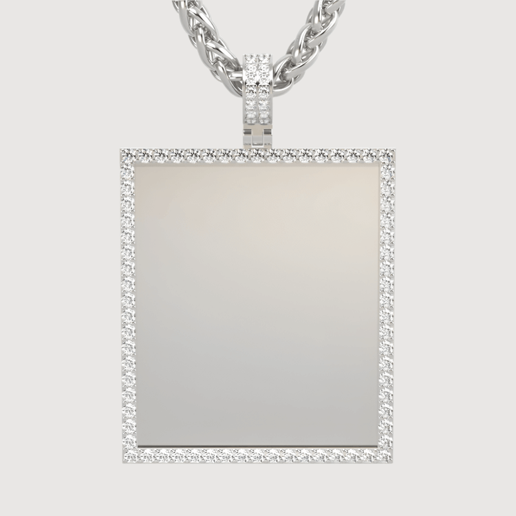 A 14k gold customizable picture pendant with diamonds, featuring a rectangular shape, thick chain, smooth reflective surface, and sparkling stone border—perfect for showcasing your personal style.