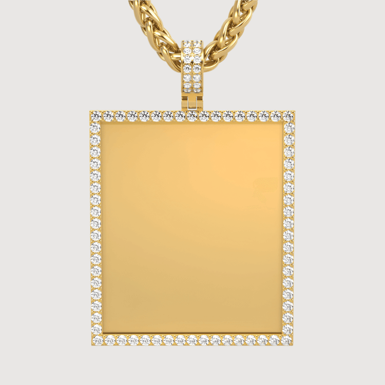 The 14k Gold Customizable Picture Pendant with Diamonds features a rectangular gold pendant bordered by sparkling diamonds and comes on a rope chain—a stunning personalized piece for any occasion.