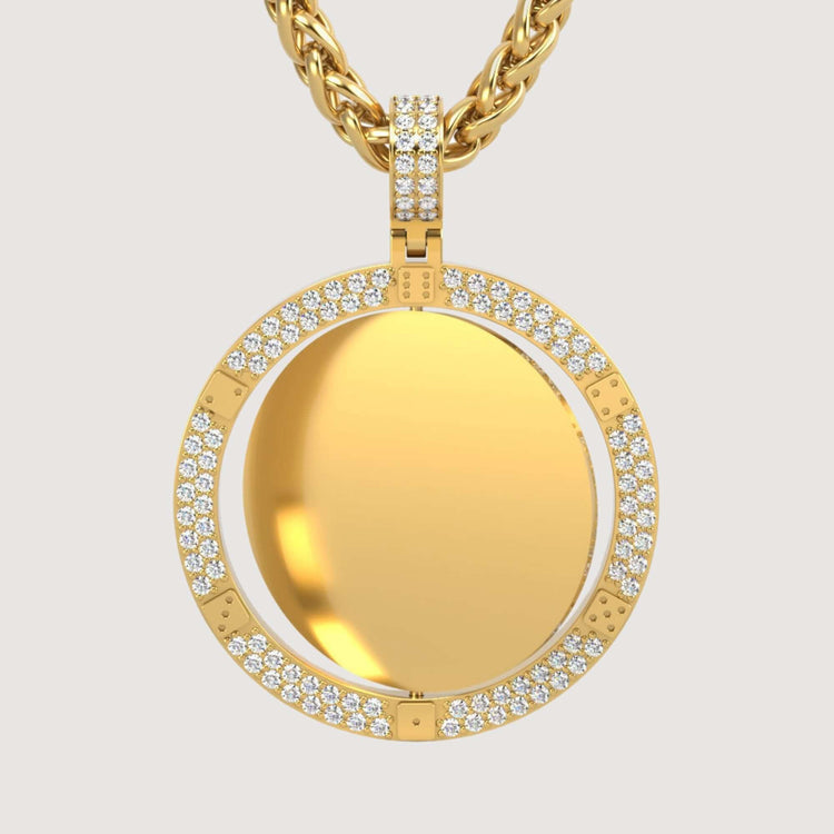The 14K Gold Diamond-Accented Round Picture Pendant features a polished center framed by sparkling diamonds on a gold rope chain. Its timeless design adds classic elegance to any look.
