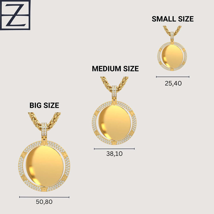 The 14K Gold Diamond-Accented Round Picture Pendant comes in small (25.40 mm), medium (38.10 mm), and big (50.80 mm) sizes, each on a matching gold chain for an elegant photo pendant display.