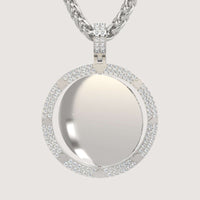 The 14K Gold Diamond Card Suit Round Picture Pendant features a smooth, reflective center framed by sparkling diamonds on a thick, braided chain—an elegant photo necklace ideal for highlighting memories against a light background.
