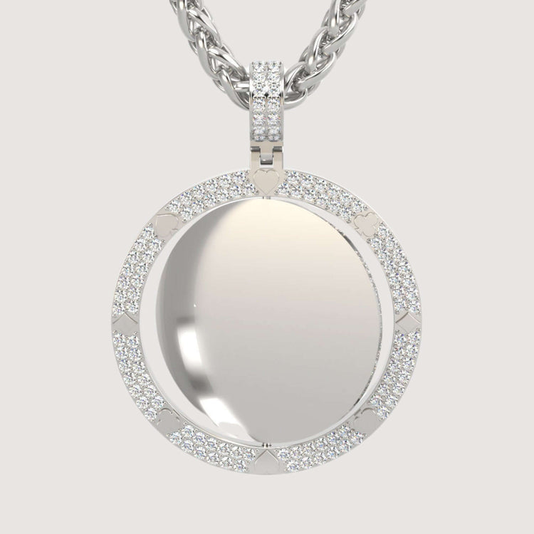 The 14K Gold Diamond Card Suit Round Picture Pendant features a smooth, reflective center framed by sparkling diamonds on a thick, braided chain—an elegant photo necklace ideal for highlighting memories against a light background.