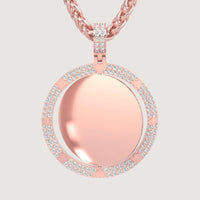 The 14K Gold Diamond Card Suit Round Picture Pendant features a large, smooth circular center framed by diamonds and hangs from a matching twisted chain.