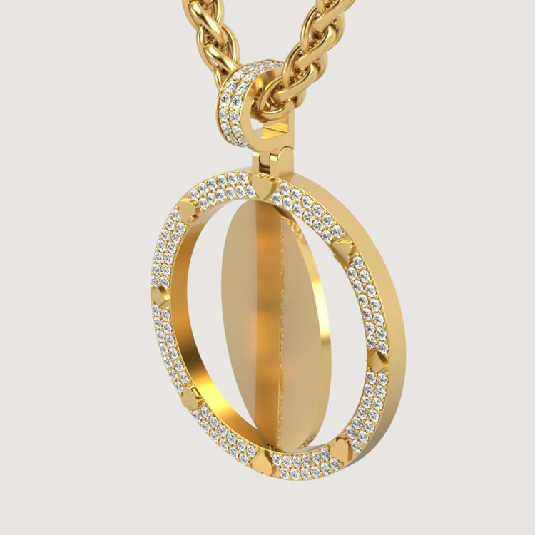 The 14K Gold Diamond Card Suit Round Picture Pendant features a circular charm edged with sparkling diamonds, suspended from a thick gold chain against a light background.