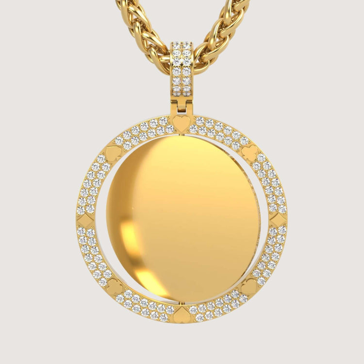 The 14K Gold Diamond Card Suit Round Picture Pendant features a smooth gold center with a diamond-encrusted circular border and hangs from a twisted gold chain.