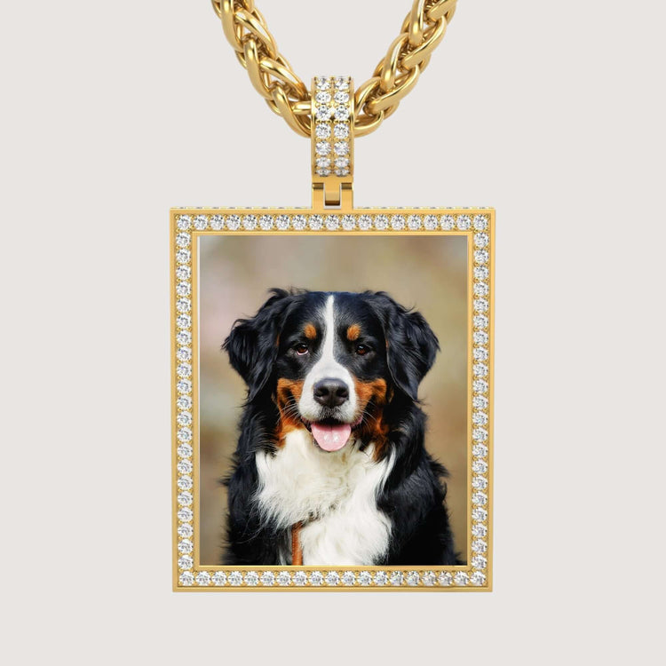 The 14K Gold Diamond Frame Rotating Photo Pendant features a happy Bernese Mountain Dog and hangs from a thick gold chain.