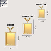 The image shows three 14K Gold Diamond Frame Rotating Photo Pendants in small, medium, and large sizes with dimensions labeled in millimeters. Each pendant features a diamond border and comes with an attached chain.