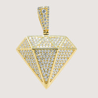 The Diamond Shaped Pendant – 14K is a men's pendant crafted from 14K gold, encrusted with sparkling white gemstones, featuring geometric patterns and a gem-adorned bail.