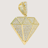 The Diamond Shaped Pendant – 14K is a men's gold pendant set with clear gemstones and features a matching gemstone-covered gold bail, shown on a plain light background.