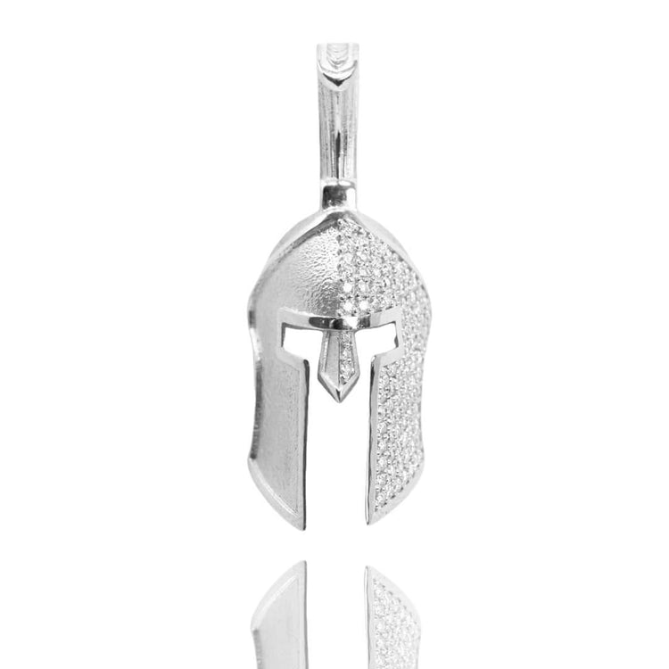 The Half-Face Diamond Spartan Helmet Pendant – 14K Gold is shaped like a Spartan helmet, with one side adorned with sparkling stones and a smooth bail for attaching to your favorite chain.