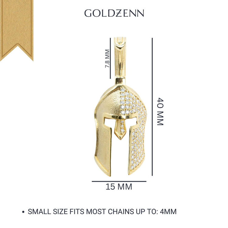 Goldzenn’s Half-Face Diamond Spartan Helmet Pendant – 14K Gold features sparkling stones and measures 40 mm x 15 mm x 7.8 mm. Fits most chains up to 4 mm, making this Diamond Spartan Necklace a standout piece for your collection.
