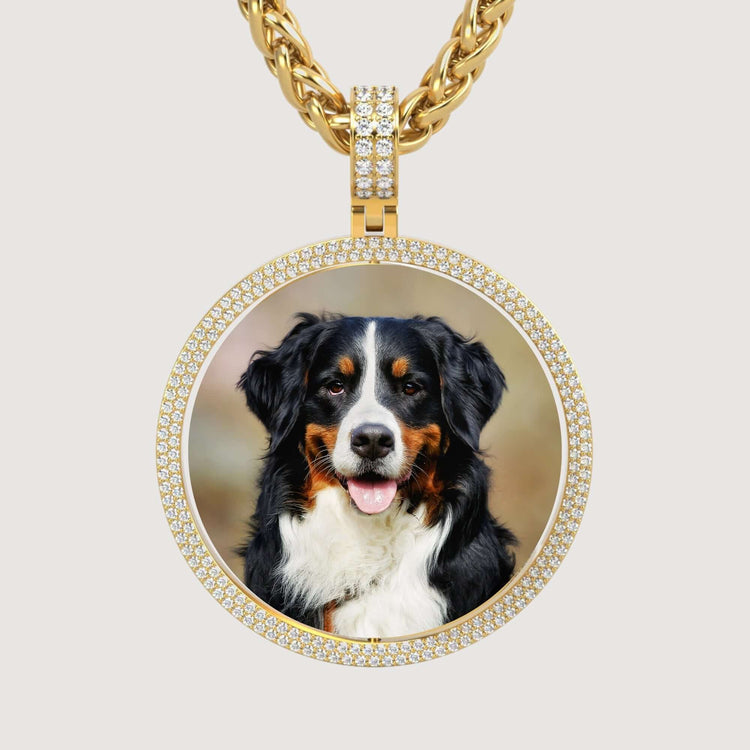 The 14K Gold Double Diamond Halo Round Picture Pendant showcases a photo of a happy Bernese Mountain Dog with its black, white, and brown coat on a neutral background—a stunning piece of personalized jewelry.
