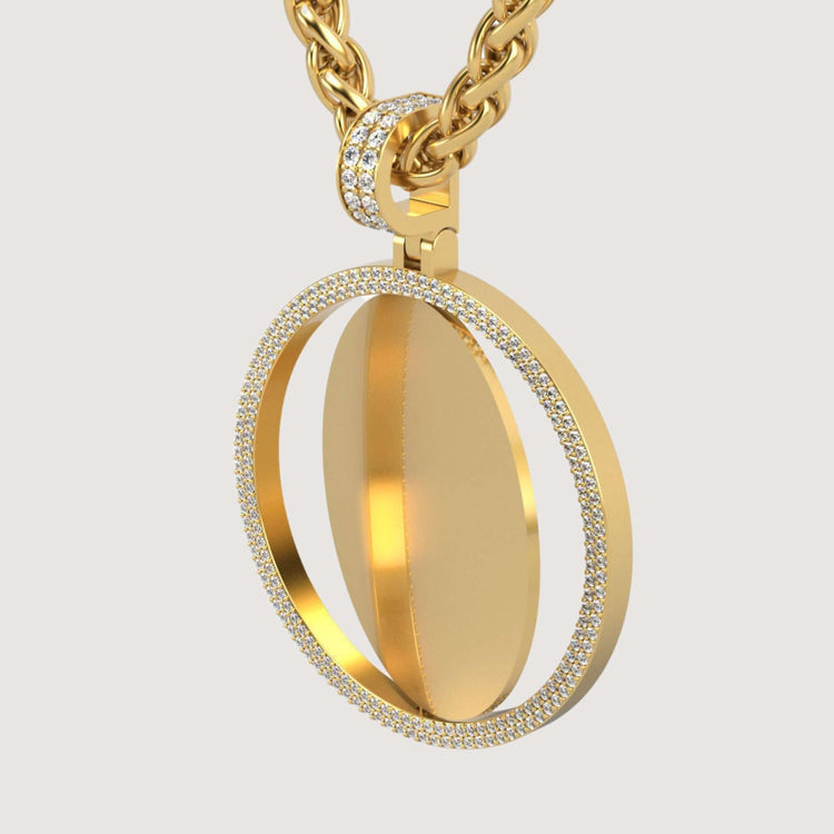 A close-up of the 14K Gold Double Diamond Halo Round Picture Pendant, featuring a thick twisted chain and a sparkling circular design with an inner gold oval and an outer diamond-studded halo—perfect for personalized photo jewelry.