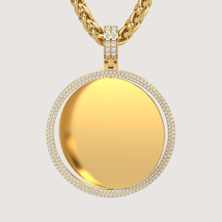 The 14K Gold Double Diamond Halo Round Picture Pendant features a blank circular center framed by sparkling diamonds on a thick twisted gold chain—ideal for personalized photo jewelry.