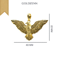 The 14k Yellow Gold Eagle Pendant, measuring 40 mm wide by 22 mm tall, is shown against a white background with the GOLDZENN brand name above—a bold statement piece for any jewelry collection.