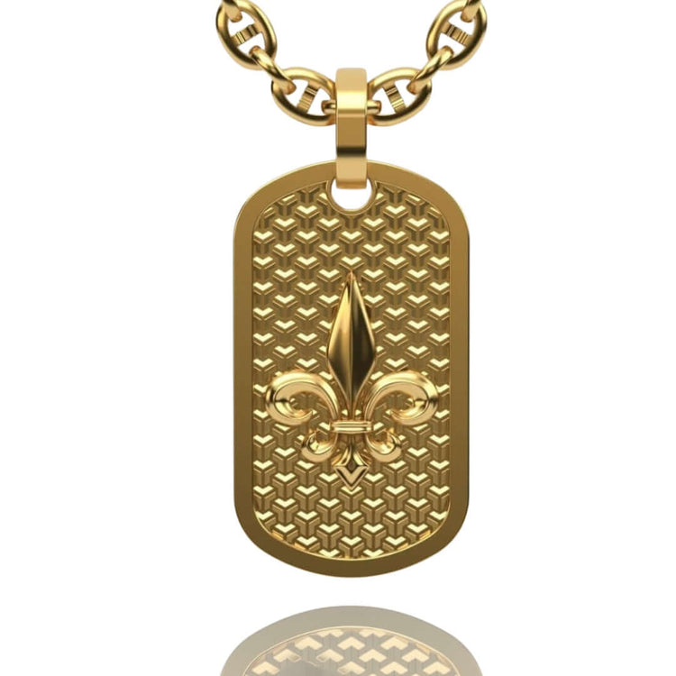 The 14k Gold Fleur De Lis Dog Tag Pendant features a raised fleur-de-lis on a textured rectangular background, suspended from a gold chain—a bold and stylish men's gold pendant.