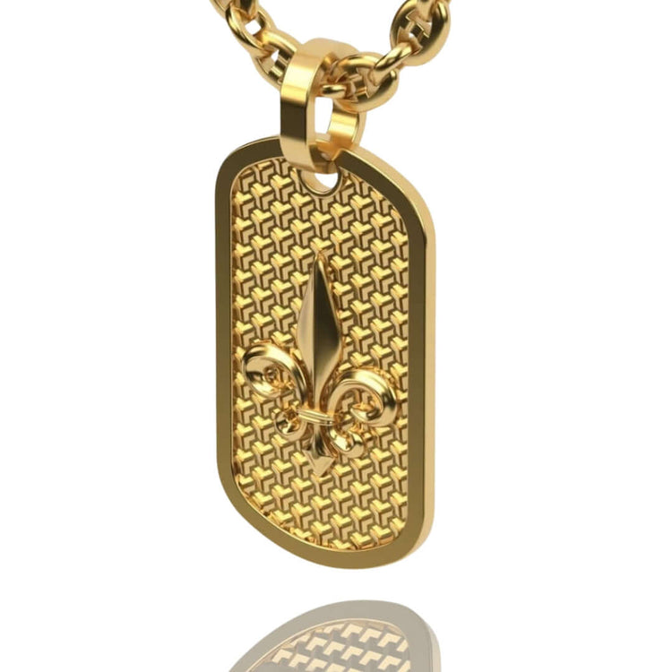 The 14k Gold Fleur De Lis Dog Tag Pendant features a raised fleur-de-lis on a textured rectangular background with rounded edges, a reflective finish, and comes with an attached gold chain—an elegant men's accessory.