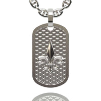 The 14k Gold Fleur De Lis Dog Tag Pendant features a raised symbol on a textured background, hanging from a thick chain—ideal for anyone who loves the bold look of men’s gold pendants.