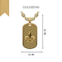 The 14k Gold Fleur De Lis Dog Tag Pendant features a textured rectangular tag (32mm x 18mm) with a fleur-de-lis design, topped by the GOLDZENN brand name.