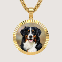 The 14K Gold Fluted Round Picture Pendant displays a Bernese Mountain Dog with black, white, and brown fur and tongue out on a neutral background.