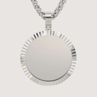 A close-up of the 14K Gold Fluted Round Picture Pendant with a ridged edge, hanging from a thick chain against a plain background—a stunning photo keepsake necklace for cherishing special memories.