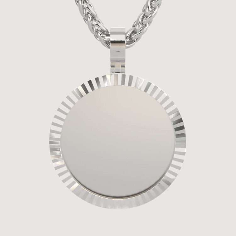 A close-up of the 14K Gold Fluted Round Picture Pendant with a ridged edge, hanging from a thick chain against a plain background—a stunning photo keepsake necklace for cherishing special memories.