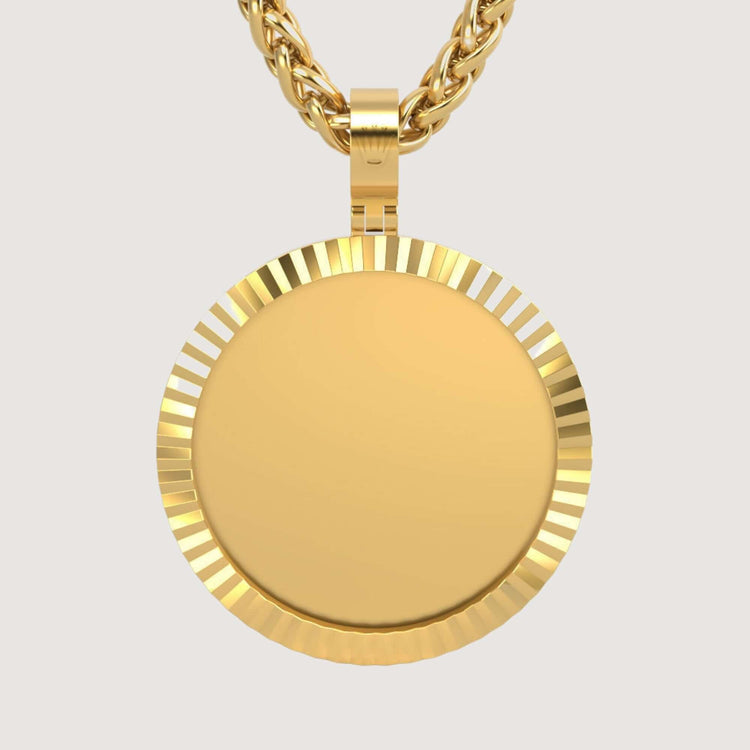 A close-up of the 14K Gold Fluted Round Picture Pendant, featuring a textured edge and hanging from a twisted rope chain—an elegant keepsake necklace against a plain light background.