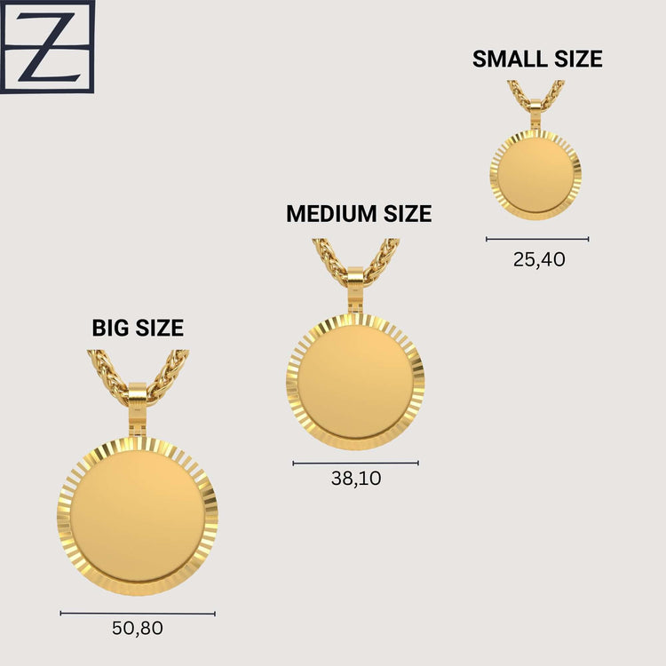 Three 14K Gold Fluted Round Picture Pendants in small (25.40 mm), medium (38.10 mm), and big (50.80 mm) sizes are displayed on a light background with a stylized Z logo above.