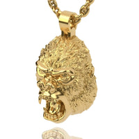 The 14k Gold Gorilla Head Pendant is a bold, unique necklace featuring a detailed angry gorilla head with textured fur, a snarling mouth, and bared teeth—a striking piece of statement gold jewelry.