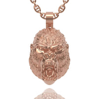 Introducing the 14k Gold Gorilla Head Pendant—crafted in solid gold, this pendant features a roaring gorilla’s head with detailed facial features and textured fur, making it an impressive statement piece suspended from a matching chain.