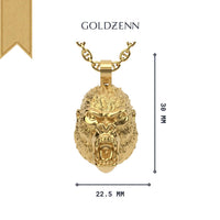 Goldzenn’s 14k Gold Gorilla Head Pendant features a bold, roaring gorilla design. Measuring 30mm tall and 22.5mm wide, the pendant is shown on a gold chain against a white background with the brand name above.