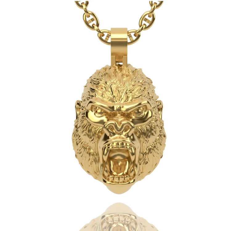 The 14k Gold Gorilla Head Pendant features a roaring gorilla head with detailed fur and bold, expressive features—a standout gold accessory for those who love unique jewelry.