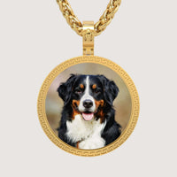 The 14K Gold Greek Key Round Picture Pendant features a medallion with a photo of a black, white, and brown Bernese Mountain Dog with its tongue out against a neutral background.