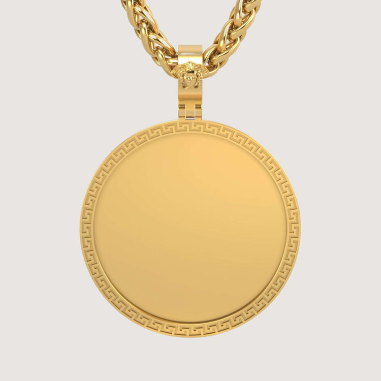 Make a bold statement with the 14K Gold Greek Key Round Picture Pendant, featuring a gold medallion and chain in an elegant Greek key design.