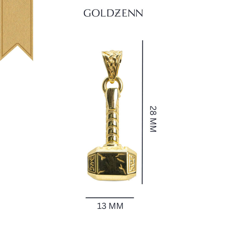 The 14k Solid Gold Hammer Pendant by Goldzenn features intricate details and measures 28 mm by 13 mm, making it a stunning example of craftsmanship with the brand name displayed above the pendant.