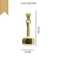 The 14k Solid Gold Hammer Pendant by Goldzenn features intricate details and measures 28 mm by 13 mm, making it a stunning example of craftsmanship with the brand name displayed above the pendant.