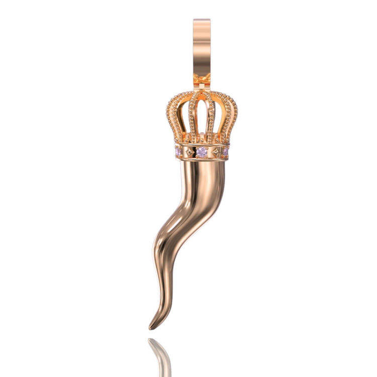 The Italian Horn Pendant – 14K Gold features a curved horn topped with a detailed gold crown adorned with VVS moissanite gemstones, creating an elegant cornicello necklace presented against a white background.